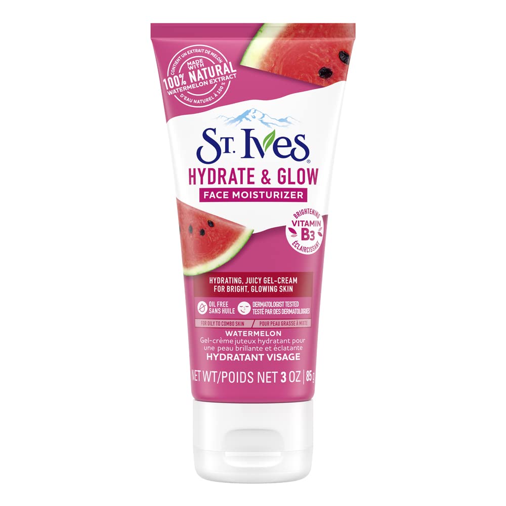 St. Ives Hydrate & Glow Watermelon bottle close-up for oil-free hydration.