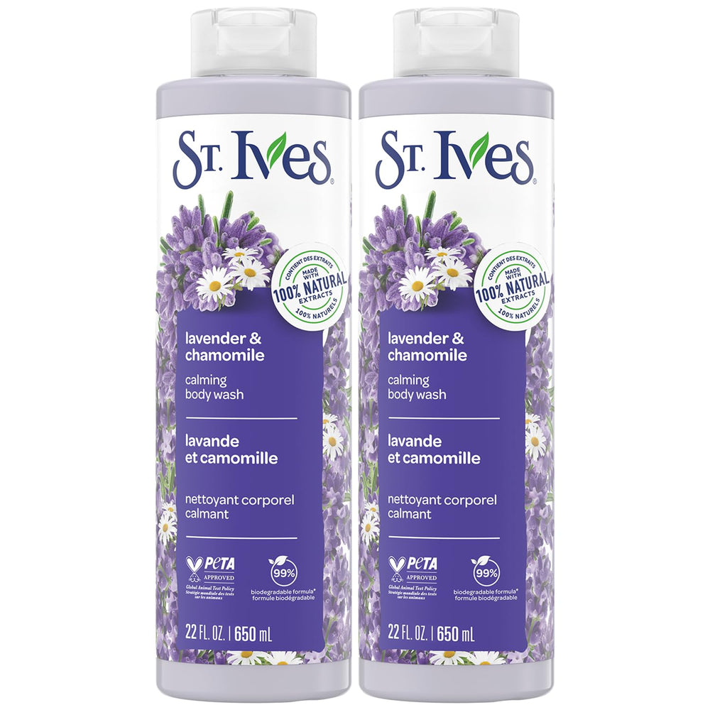 St. Ives Lavender Chamomile shower bottle ready for calming cleanse.