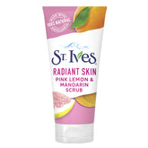St. Ives Radiant Skin pink lemon orange scrub bottle highlights natural exfoliants for brighter skin