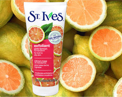 St. Ives Radiant Skin Scrub mandarin orange peel visual spotlights citrus-derived polish.