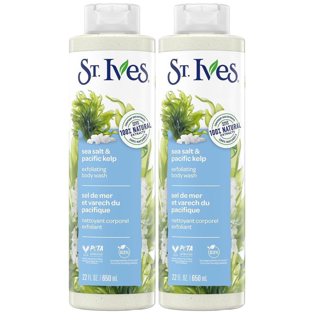 St. Ives Sea Salt and Pacific Kelp body wash bottle highlighting exfoliating action.