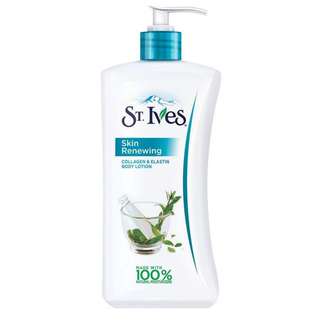 St. Ives Skin Renewing Body Lotion bottle close-up, showcasing rich moisture for dry skin.