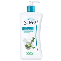 St. Ives Skin Renewing Body Lotion bottle close-up, showcasing rich moisture for dry skin.