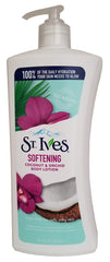 St. Ives coconut milk body lotion in a pump bottle for lasting hydration.