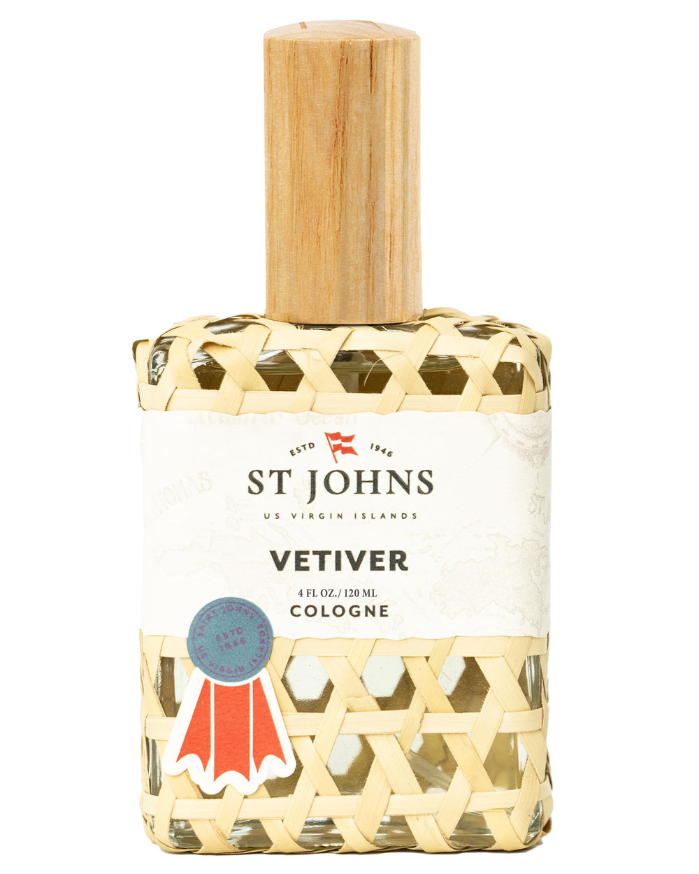 St. John Classic Vetiver bottle front with FishPot weave and premium scent