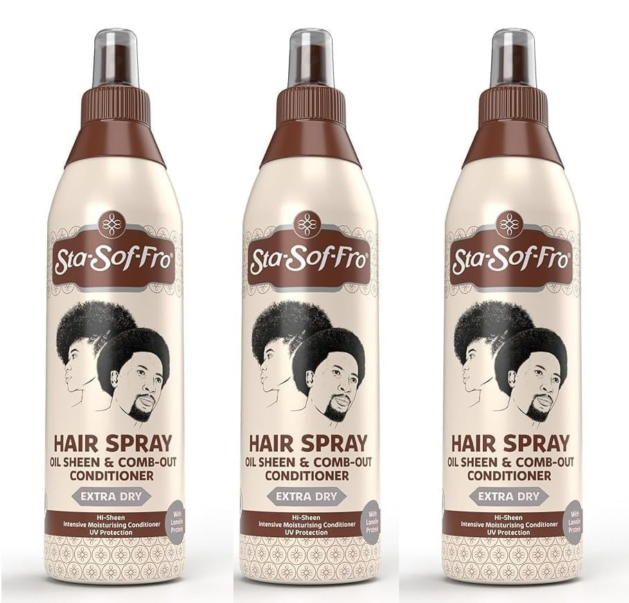 Sta-Sof-Fro Hair Spray Bottle showing detangling support for dry or frizzy hair