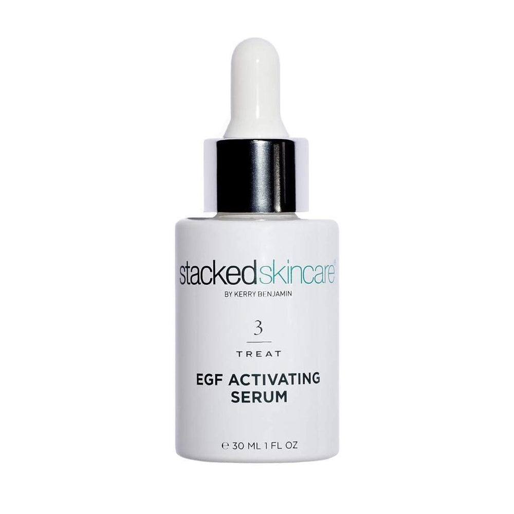 StackedSkincare Hydrating EGF Serum bottle highlights smooth, hydrated skin potential.