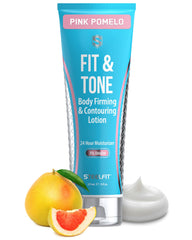 SteelFit Firming Body Lotion bottle showing contouring look and 24-hour hydration.