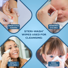 STERI-WASH Aftercare Wipes cleaning ear piercing for gentle maintenance.