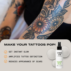Stories & Ink Highlighting Body Oil pump shows fast absorption for daily tattoo care.
