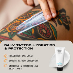 Stories & Ink UV protection shield image emphasizes tattoo fade prevention for long-lasting color.