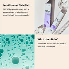 Stratia Night Shift cream close-up highlights ceramides for smoother texture.