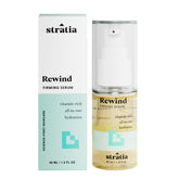 Stratia Rewind serum bottle closeup highlighting premium packaging for firming and hydrating skin.