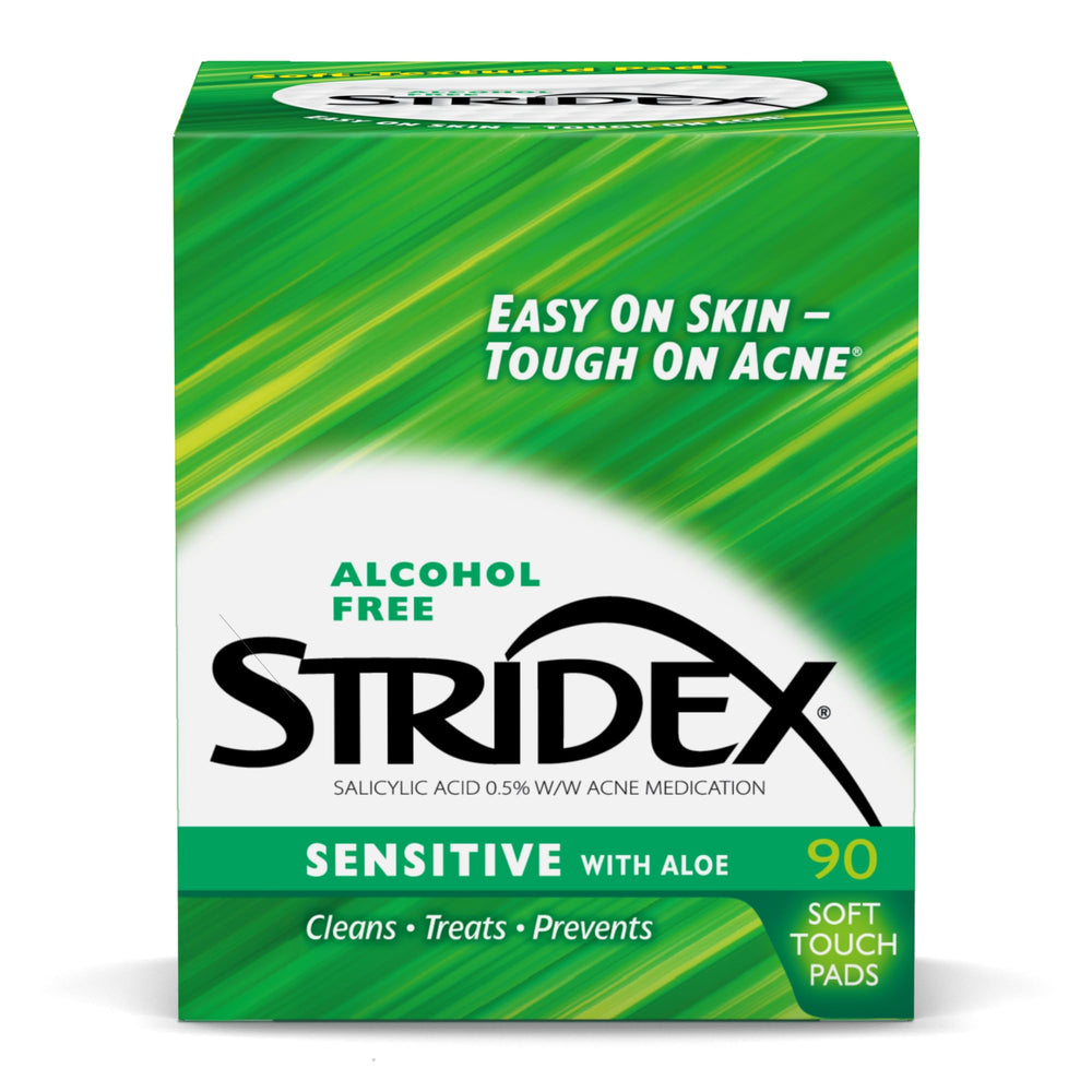 Stridex Sensitive Pads pack front label showing 90-count for simple daily acne care.