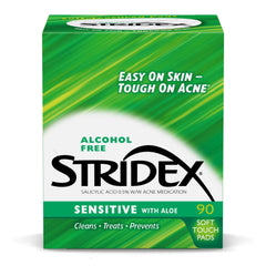 Stridex Sensitive Pads pack front label showing 90-count for simple daily acne care.