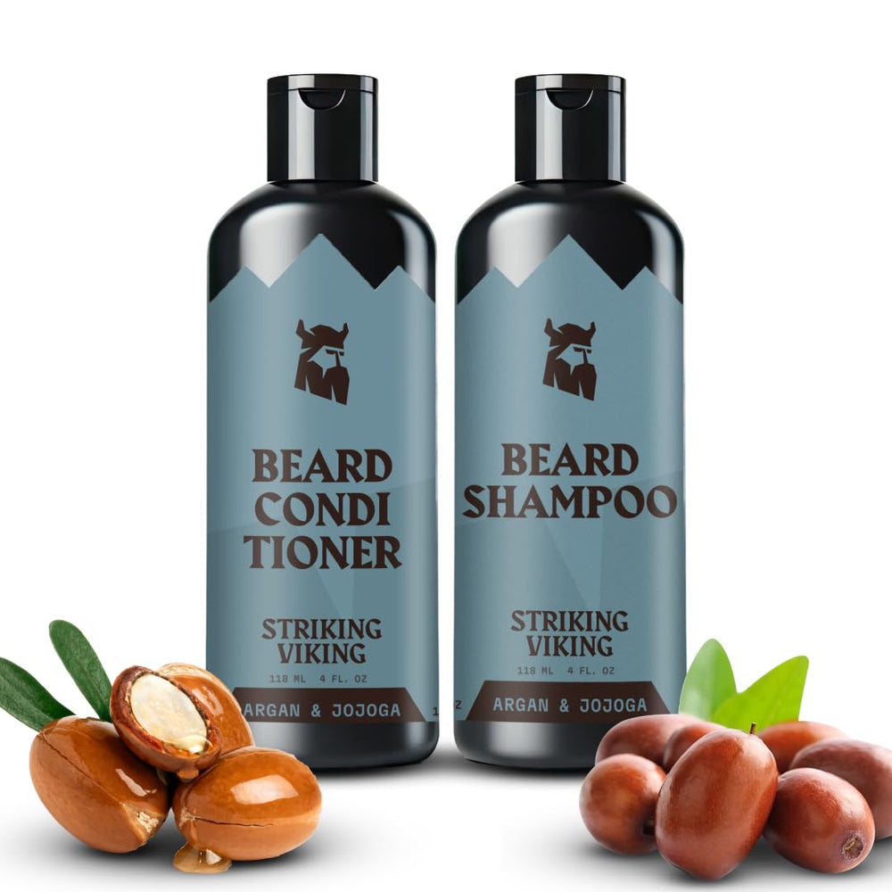 Striking Viking Beard Shampoo bottle pour shows refreshing cleansing for coarse beards.