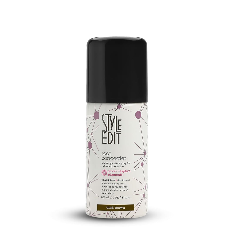 Style Edit Root Touch Up Spray in dark brown conceals gray roots for a natural look.