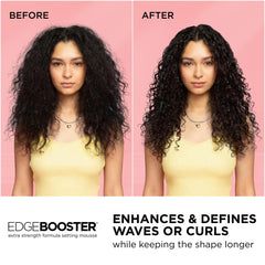 Style Factor Edge Booster close-up on curls for defined texture.