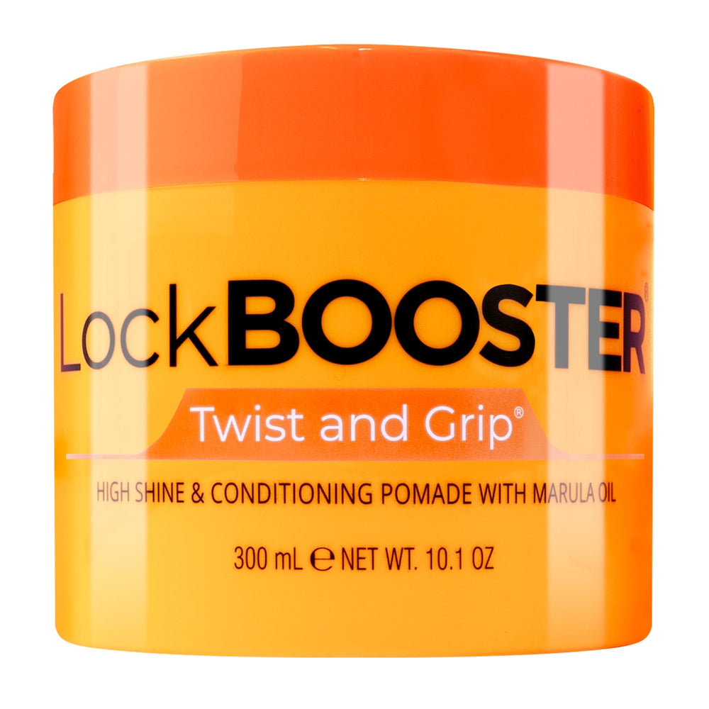 Style Factor Lock BOOSTER bottle with marula oil highlights smooth twists and moisture seal.