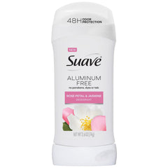 Suave aluminum-free deodorant Rose Petal Jasmine bottle for all-day freshness.