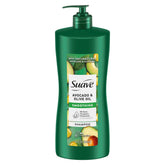 Suave Avocado + Olive Oil Shampoo bottle pouring for frizz-free smooth hair