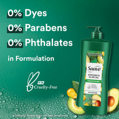Ingredients highlight avocado and olive oil on Suave packaging for moisture