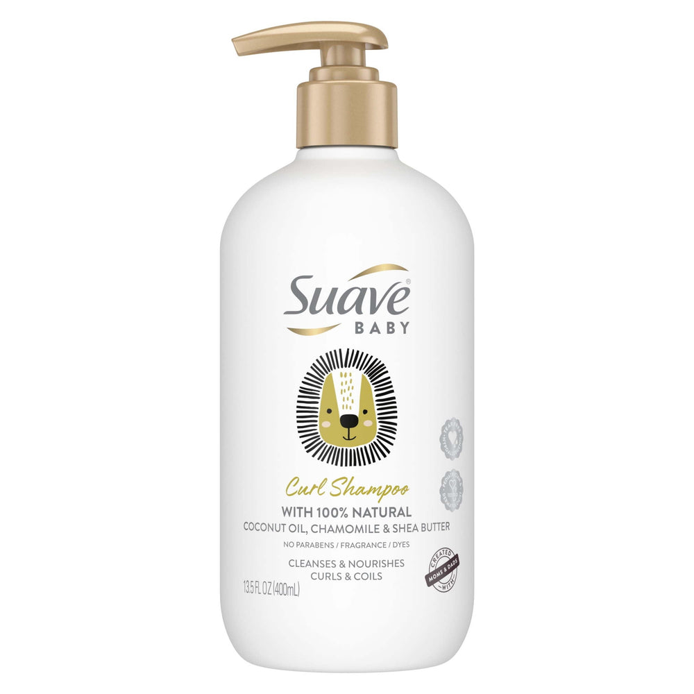Suave Baby Curl Shampoo bottle closeup showing gentle cleansing for baby's scalp