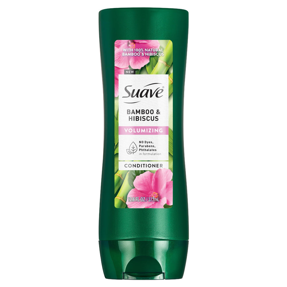 Suave Bamboo and Hibiscus Volumizing Conditioner bottle for lightweight hydration.