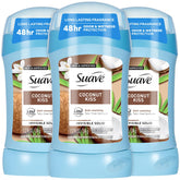 Suave Coconut Kiss 3-pack pack shot highlights talc-free formula and long-lasting protection.