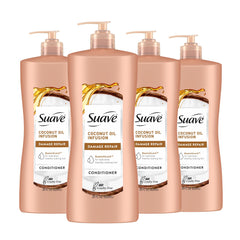 Suave Coconut Oil Damage Repair Conditioner bottle shows coconut infusion for moisturized, smoother hair