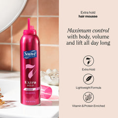Suave Extra Hold Mousse foam texture applied on hair for natural-looking hold.
