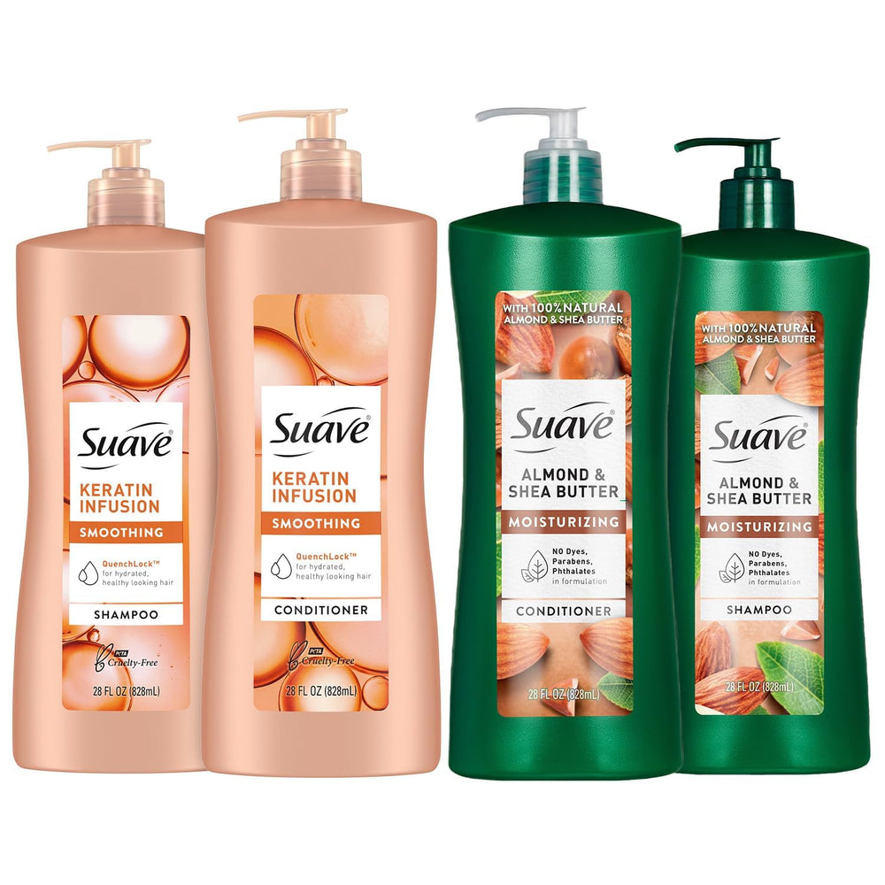 Suave Keratin Infusion shampoo bottle with pump for smooth frizz control.
