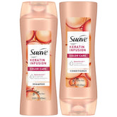 Suave Keratin Infusion Shampoo bottle; color-safe formula helps maintain vibrant color.