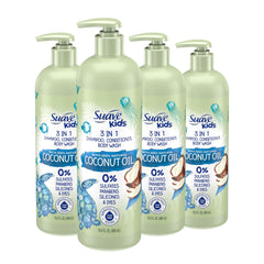 Suave Kids 3-in-1 coconut oil bottle for tear-free cleansing of hair and skin.