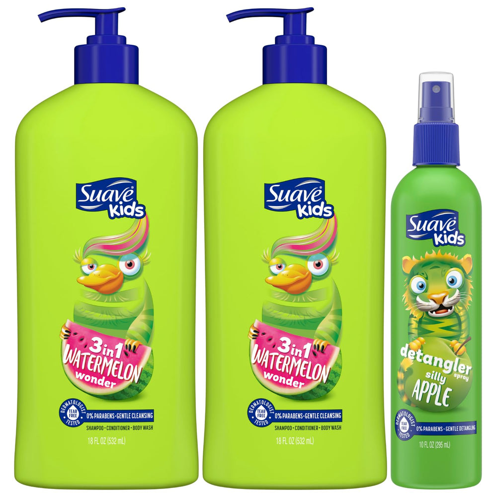 Suave Kids Watermelon Wonder shampoo bottle for tear-free bath time comfort.