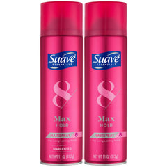Suave Max Hold 2-pack unscented bottle delivering long-lasting hold.