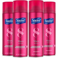 Suave Max Hold scented hairspray bottle for flexible control and fragrance.