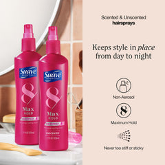 Suave Max Hold Scented 11oz bottle with fragrance option for styling.