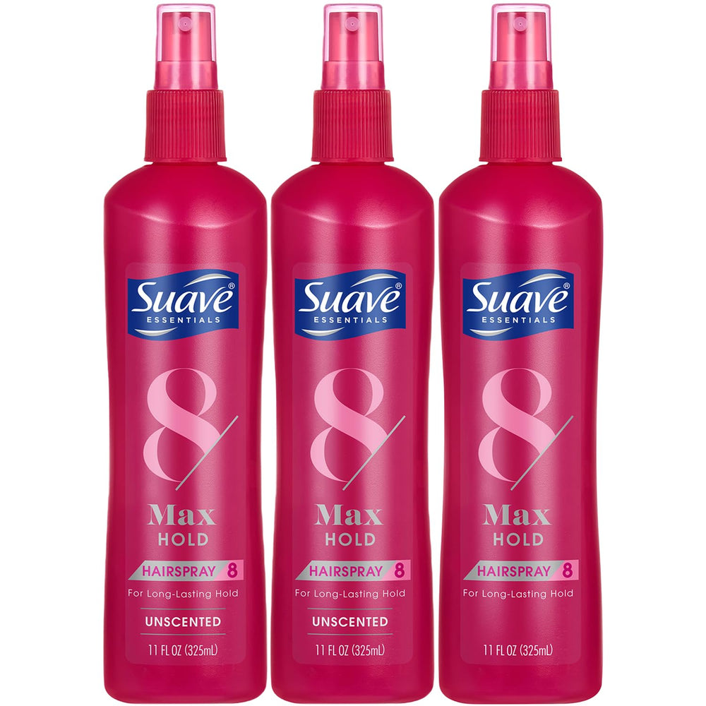 Suave Max Hold Unscented 11oz bottle with long-lasting hold and no fragrance.