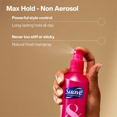Unscented Suave Max Hold bottle close-up highlighting frizz control.