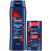 Suave men's body wash energizing sport bottle delivers moisturizing lather for refreshed skin.