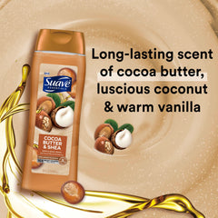 Suave Milk and Honey bottle with pouf in shower for daily moisture boost.