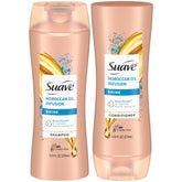 Suave Moroccan Oil Infusion shampoo bottle promotes shine and smoothness.
