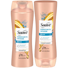 Suave Moroccan Oil Infusion shampoo bottle promotes shine and smoothness.