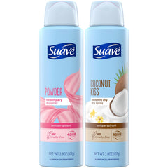 Suave powder deodorant 2-pack front view with quick-dry, clear protection.