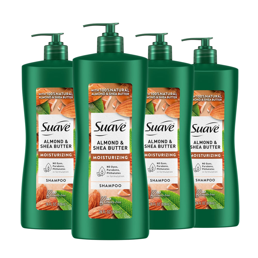 Suave Professionals almond and shea butter shampoo bottle highlighting moisturizing formula