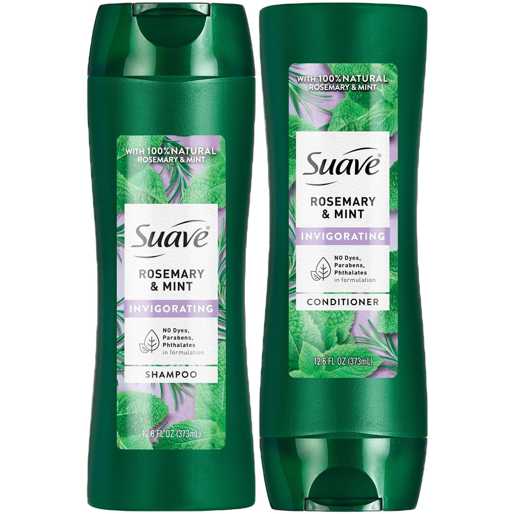 Suave rosemary & mint shampoo bottle with invigorating fragrance for daily wash.