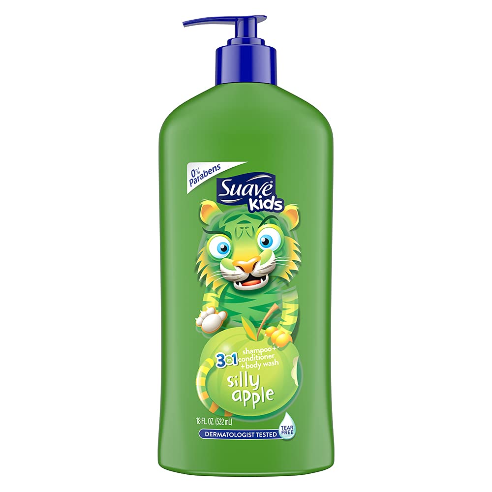 Suave Silly Apple 3-in-1 shampoo bottle with tear-free cleansing.