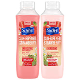 Suave Sun-Ripened Strawberry shampoo bottle showcases energizing cleanse and fruity fragrance.