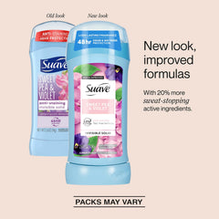 Applying Suave Sweet Pea & Violet deodorant stick for gentle protection.